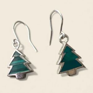 925 Sterling green malachite christmas tree Silver Hook earrings Signed